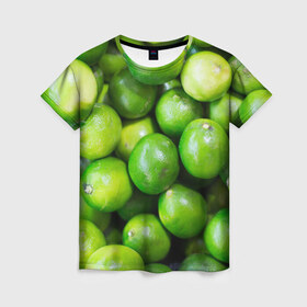 Женская футболка 3D с принтом Лаймы в Кировске, 100% полиэфир ( синтетическое хлопкоподобное полотно) | прямой крой, круглый вырез горловины, длина до линии бедер | зелень | лаймы | лето | лимоны | солнце | текстура | фрукты