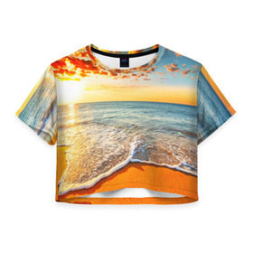Женская футболка 3D укороченная с принтом Лазурный берег в Кировске, 100% полиэстер | круглая горловина, длина футболки до линии талии, рукава с отворотами | берег | лето | море | отдых