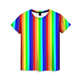 Женская футболка 3D с принтом Радуга вертикальные полосы в Кировске, 100% полиэфир ( синтетическое хлопкоподобное полотно) | прямой крой, круглый вырез горловины, длина до линии бедер | вертикальные | жёлтый | зелёный | красный | оранжевый | полосы | радуга | синий | фиолетовый