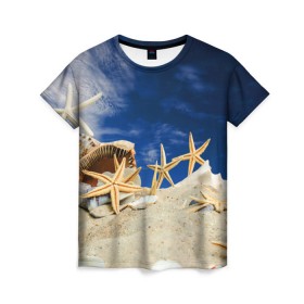 Женская футболка 3D с принтом Морской пляж 1 в Кировске, 100% полиэфир ( синтетическое хлопкоподобное полотно) | прямой крой, круглый вырез горловины, длина до линии бедер | Тематика изображения на принте: море | отдых | отпуск | пляж | ракушки | туризм