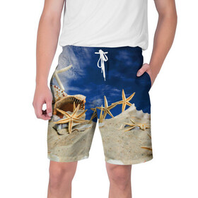 Мужские шорты 3D с принтом Морской пляж 1 в Кировске,  полиэстер 100% | прямой крой, два кармана без застежек по бокам. Мягкая трикотажная резинка на поясе, внутри которой широкие завязки. Длина чуть выше колен | море | отдых | отпуск | пляж | ракушки | туризм