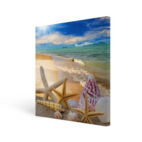 Холст квадратный с принтом Морской пляж 2 в Кировске, 100% ПВХ |  | море | отдых | отпуск | пляж | ракушки | туризм