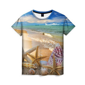 Женская футболка 3D с принтом Морской пляж 2 в Кировске, 100% полиэфир ( синтетическое хлопкоподобное полотно) | прямой крой, круглый вырез горловины, длина до линии бедер | море | отдых | отпуск | пляж | ракушки | туризм
