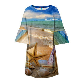 Детское платье 3D с принтом Морской пляж 2 в Кировске, 100% полиэстер | прямой силуэт, чуть расширенный к низу. Круглая горловина, на рукавах — воланы | Тематика изображения на принте: море | отдых | отпуск | пляж | ракушки | туризм