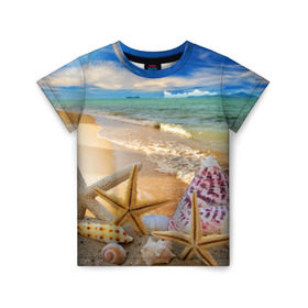 Детская футболка 3D с принтом Морской пляж 2 в Кировске, 100% гипоаллергенный полиэфир | прямой крой, круглый вырез горловины, длина до линии бедер, чуть спущенное плечо, ткань немного тянется | море | отдых | отпуск | пляж | ракушки | туризм