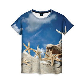 Женская футболка 3D с принтом Морской пляж 3 в Кировске, 100% полиэфир ( синтетическое хлопкоподобное полотно) | прямой крой, круглый вырез горловины, длина до линии бедер | Тематика изображения на принте: море | отдых | отпуск | пляж | ракушки | туризм