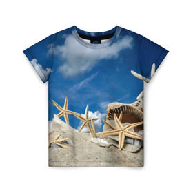 Детская футболка 3D с принтом Морской пляж 3 в Кировске, 100% гипоаллергенный полиэфир | прямой крой, круглый вырез горловины, длина до линии бедер, чуть спущенное плечо, ткань немного тянется | Тематика изображения на принте: море | отдых | отпуск | пляж | ракушки | туризм