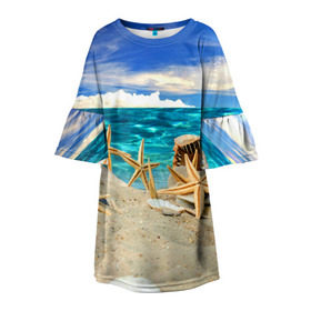 Детское платье 3D с принтом Морской пляж 4 в Кировске, 100% полиэстер | прямой силуэт, чуть расширенный к низу. Круглая горловина, на рукавах — воланы | море | отдых | отпуск | пляж | ракушки | туризм