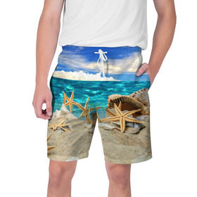 Мужские шорты 3D с принтом Морской пляж 4 в Кировске,  полиэстер 100% | прямой крой, два кармана без застежек по бокам. Мягкая трикотажная резинка на поясе, внутри которой широкие завязки. Длина чуть выше колен | море | отдых | отпуск | пляж | ракушки | туризм