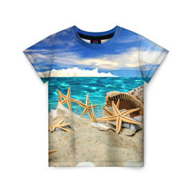 Детская футболка 3D с принтом Морской пляж 4 в Кировске, 100% гипоаллергенный полиэфир | прямой крой, круглый вырез горловины, длина до линии бедер, чуть спущенное плечо, ткань немного тянется | Тематика изображения на принте: море | отдых | отпуск | пляж | ракушки | туризм