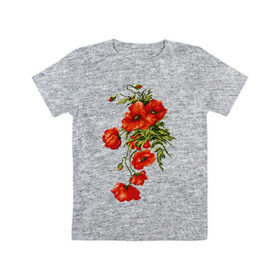 Детская футболка хлопок с принтом Маки в Кировске, 100% хлопок | круглый вырез горловины, полуприлегающий силуэт, длина до линии бедер | embroidery | flowers | poppies | red | wild | вышивка | красные | маки | полевые | цветы