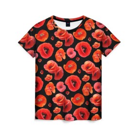 Женская футболка 3D с принтом Маки в Кировске, 100% полиэфир ( синтетическое хлопкоподобное полотно) | прямой крой, круглый вырез горловины, длина до линии бедер | flowers | красные | маки | цветы