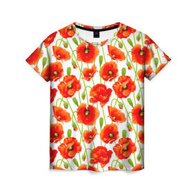 Женская футболка 3D с принтом Маки в Кировске, 100% полиэфир ( синтетическое хлопкоподобное полотно) | прямой крой, круглый вырез горловины, длина до линии бедер | flowers | красные | маки | паттерн | цветы