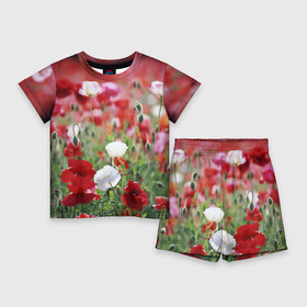 Детский костюм с шортами 3D с принтом Маки в Кировске,  |  | Тематика изображения на принте: field | flowers | meadow | poppies | red | white | белые | красные | луг | маки | поле | полевые | цветы