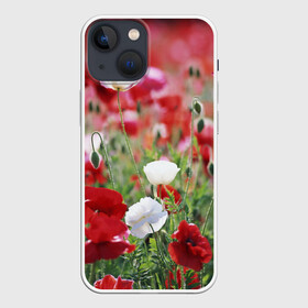 Чехол для iPhone 13 mini с принтом Маки в Кировске,  |  | field | flowers | meadow | poppies | red | white | белые | красные | луг | маки | поле | полевые | цветы