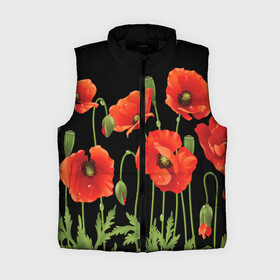 Женский жилет утепленный 3D с принтом Маки в Кировске,  |  | field | flowers | meadow | poppies | red | white | белые | красные | луг | маки | поле | полевые | цветы