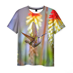 Мужская футболка 3D с принтом Колибри в Кировске, 100% полиэфир | прямой крой, круглый вырез горловины, длина до линии бедер | лепесток | новая | природа | птичка | цветок | яркая