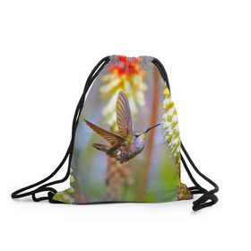 Рюкзак-мешок 3D с принтом Колибри в Кировске, 100% полиэстер | плотность ткани — 200 г/м2, размер — 35 х 45 см; лямки — толстые шнурки, застежка на шнуровке, без карманов и подкладки | лепесток | новая | природа | птичка | цветок | яркая