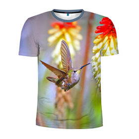 Мужская футболка 3D спортивная с принтом Колибри в Кировске, 100% полиэстер с улучшенными характеристиками | приталенный силуэт, круглая горловина, широкие плечи, сужается к линии бедра | лепесток | новая | природа | птичка | цветок | яркая