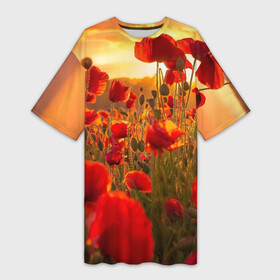 Платье-футболка 3D с принтом Маки в Кировске,  |  | field | flowers | meadow | nature | poppies | red | sky | summer | sun | sunset | wild | закат | красные | лето | луг | маки | небо | поле | полевые | природа | солнце | цветы