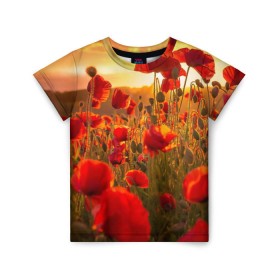 Детская футболка 3D с принтом Маки в Кировске, 100% гипоаллергенный полиэфир | прямой крой, круглый вырез горловины, длина до линии бедер, чуть спущенное плечо, ткань немного тянется | field | flowers | meadow | nature | poppies | red | sky | summer | sun | sunset | wild | закат | красные | лето | луг | маки | небо | поле | полевые | природа | солнце | цветы