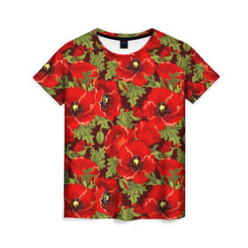 Женская футболка 3D с принтом Маки в Кировске, 100% полиэфир ( синтетическое хлопкоподобное полотно) | прямой крой, круглый вырез горловины, длина до линии бедер | flowers | poppies | red | wild | красные | мак | маки | полевые | цветы