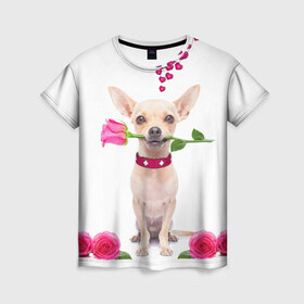 Женская футболка 3D с принтом С Любовью в Кировске, 100% полиэфир ( синтетическое хлопкоподобное полотно) | прямой крой, круглый вырез горловины, длина до линии бедер | любовь | милый | подарок | прикол | розы | собака | цветы | щенок