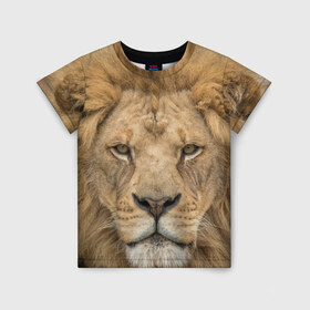 Детская футболка 3D с принтом Лев в Кировске, 100% гипоаллергенный полиэфир | прямой крой, круглый вырез горловины, длина до линии бедер, чуть спущенное плечо, ткань немного тянется | грива | джунгли | животные | зверь | король | кровь | лев | охотник | хищник | царь