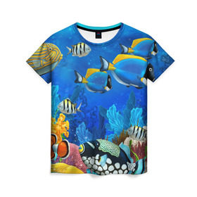 Женская футболка 3D с принтом Экзотические рыбки в Кировске, 100% полиэфир ( синтетическое хлопкоподобное полотно) | прямой крой, круглый вырез горловины, длина до линии бедер | животые | красочные | морские | рыбки | цветные | экзотические