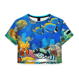 Женская футболка 3D укороченная с принтом Экзотические рыбки в Кировске, 100% полиэстер | круглая горловина, длина футболки до линии талии, рукава с отворотами | животые | красочные | морские | рыбки | цветные | экзотические