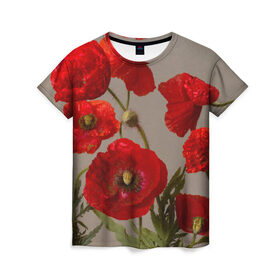 Женская футболка 3D с принтом Маки 2 в Кировске, 100% полиэфир ( синтетическое хлопкоподобное полотно) | прямой крой, круглый вырез горловины, длина до линии бедер | маки | цветы