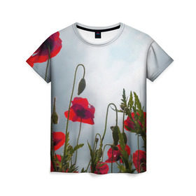 Женская футболка 3D с принтом Маки 4 в Кировске, 100% полиэфир ( синтетическое хлопкоподобное полотно) | прямой крой, круглый вырез горловины, длина до линии бедер | цветы