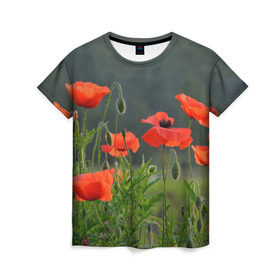 Женская футболка 3D с принтом Маки 6 в Кировске, 100% полиэфир ( синтетическое хлопкоподобное полотно) | прямой крой, круглый вырез горловины, длина до линии бедер | маки | футболка с маками | цветы