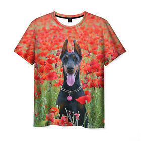 Мужская футболка 3D с принтом Собака в поле маков в Кировске, 100% полиэфир | прямой крой, круглый вырез горловины, длина до линии бедер | Тематика изображения на принте: 