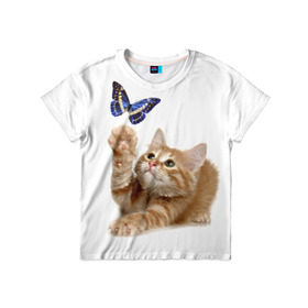Детская футболка 3D с принтом Котенок и бабочка 2 в Кировске, 100% гипоаллергенный полиэфир | прямой крой, круглый вырез горловины, длина до линии бедер, чуть спущенное плечо, ткань немного тянется | Тематика изображения на принте: бабочка | кот | котенок | кошка | мордочка