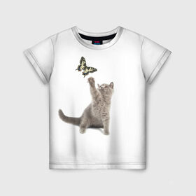 Детская футболка 3D с принтом Котенок и бабочка 3 в Кировске, 100% гипоаллергенный полиэфир | прямой крой, круглый вырез горловины, длина до линии бедер, чуть спущенное плечо, ткань немного тянется | Тематика изображения на принте: кот | кошка