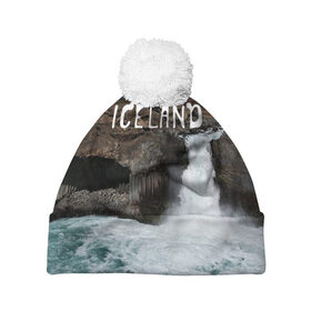 Шапка 3D c помпоном с принтом Исландия. Водопад в Кировске, 100% полиэстер | универсальный размер, печать по всей поверхности изделия | исландия