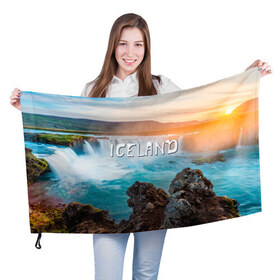 Флаг 3D с принтом Исландия. Водопад в Кировске, 100% полиэстер | плотность ткани — 95 г/м2, размер — 67 х 109 см. Принт наносится с одной стороны | исландия