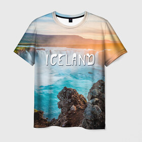 Мужская футболка 3D с принтом Исландия. Водопад в Кировске, 100% полиэфир | прямой крой, круглый вырез горловины, длина до линии бедер | исландия