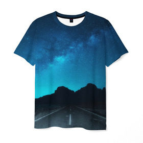 Мужская футболка 3D с принтом Дорога под чистым небом в Кировске, 100% полиэфир | прямой крой, круглый вырез горловины, длина до линии бедер | osfenemy | горы | дорога | звезды | космос | красиво | небо | пейзаж | путь | черный | чудо