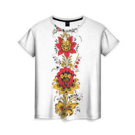 Женская футболка 3D с принтом Хохлома 2 в Кировске, 100% полиэфир ( синтетическое хлопкоподобное полотно) | прямой крой, круглый вырез горловины, длина до линии бедер | ветки | лента | лист | народное | россия | русское | узор