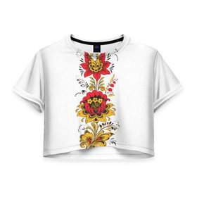 Женская футболка 3D укороченная с принтом Хохлома 2 в Кировске, 100% полиэстер | круглая горловина, длина футболки до линии талии, рукава с отворотами | ветки | лента | лист | народное | россия | русское | узор