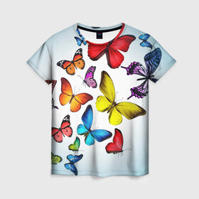 Женская футболка 3D с принтом Butterflies в Кировске, 100% полиэфир ( синтетическое хлопкоподобное полотно) | прямой крой, круглый вырез горловины, длина до линии бедер | бабочки | белый | картинка | лето | природа | рисунок | розовый | цвета