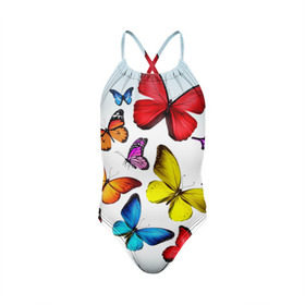 Детский купальник 3D с принтом Butterflies в Кировске, Полиэстер 85%, Спандекс 15% | Слитный крой, подклад по переду изделия, узкие бретели | Тематика изображения на принте: бабочки | белый | картинка | лето | природа | рисунок | розовый | цвета