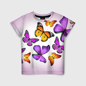 Детская футболка 3D с принтом Butterflies в Кировске, 100% гипоаллергенный полиэфир | прямой крой, круглый вырез горловины, длина до линии бедер, чуть спущенное плечо, ткань немного тянется | бабочки | белый | картинка | лето | природа | рисунок | розовый | цвета