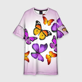 Детское платье 3D с принтом Butterflies в Кировске, 100% полиэстер | прямой силуэт, чуть расширенный к низу. Круглая горловина, на рукавах — воланы | бабочки | белый | картинка | лето | природа | рисунок | розовый | цвета