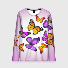 Мужской лонгслив 3D с принтом Butterflies в Кировске, 100% полиэстер | длинные рукава, круглый вырез горловины, полуприлегающий силуэт | Тематика изображения на принте: бабочки | белый | картинка | лето | природа | рисунок | розовый | цвета