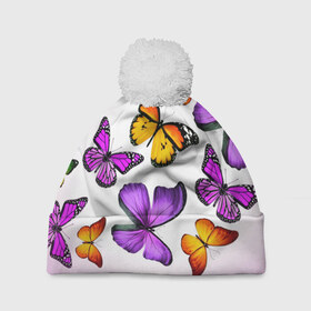 Шапка 3D c помпоном с принтом Butterflies в Кировске, 100% полиэстер | универсальный размер, печать по всей поверхности изделия | бабочки | белый | картинка | лето | природа | рисунок | розовый | цвета