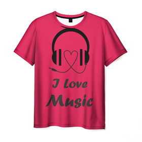 Мужская футболка 3D с принтом Я люблю музыку в Кировске, 100% полиэфир | прямой крой, круглый вырез горловины, длина до линии бедер | i love music | наушники | розовый | сердце