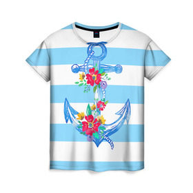 Женская футболка 3D с принтом Якорь в Кировске, 100% полиэфир ( синтетическое хлопкоподобное полотно) | прямой крой, круглый вырез горловины, длина до линии бедер | белый | верёвка | вода | корабль | красный | море | песок | пляж | синий | цвет | цветы | якорь